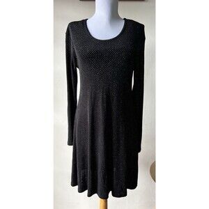 Impressions Black Metallic Polka Dot Knit A-Line Dress Glitter Long Sleeve Small